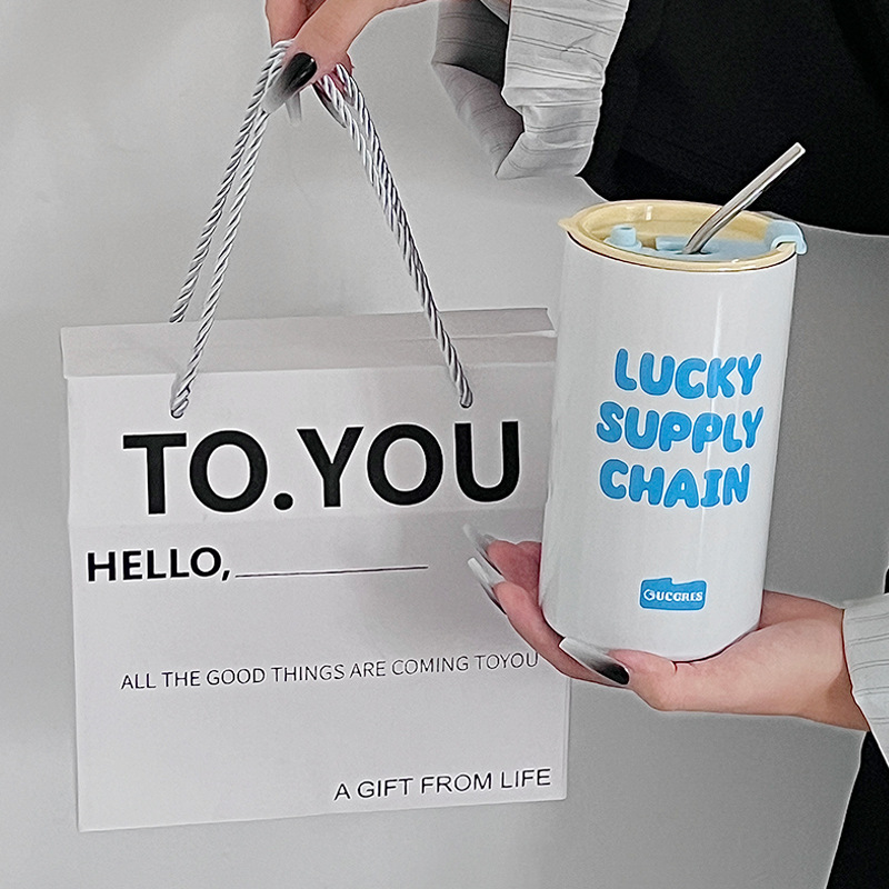 Dopamine stainless steel cup, anti-drop double-layer large-capacity insulated cup, simple coffee cup, high appearance level straw cup for girls Specification drawing