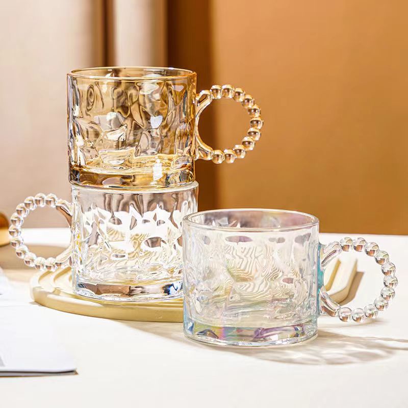 Creative pearl handle cups, large-capacity glass cups, hammer-patterned glass water cups, souvenir cups, gift factory wholesale full figure