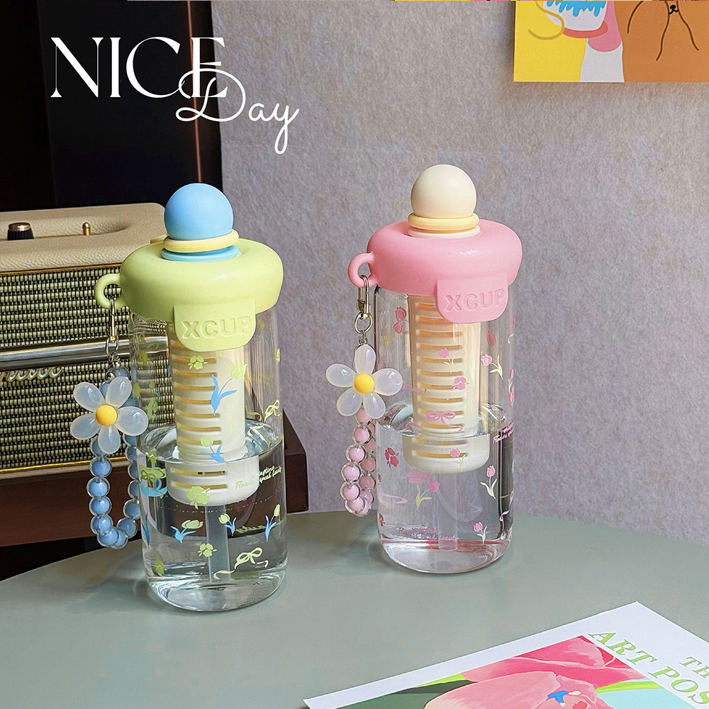 Girls' small flower water cup, high-temperature resistant, high appearance level, portable straw cup, tea brewing with filter, summer girl's cup gift full figure