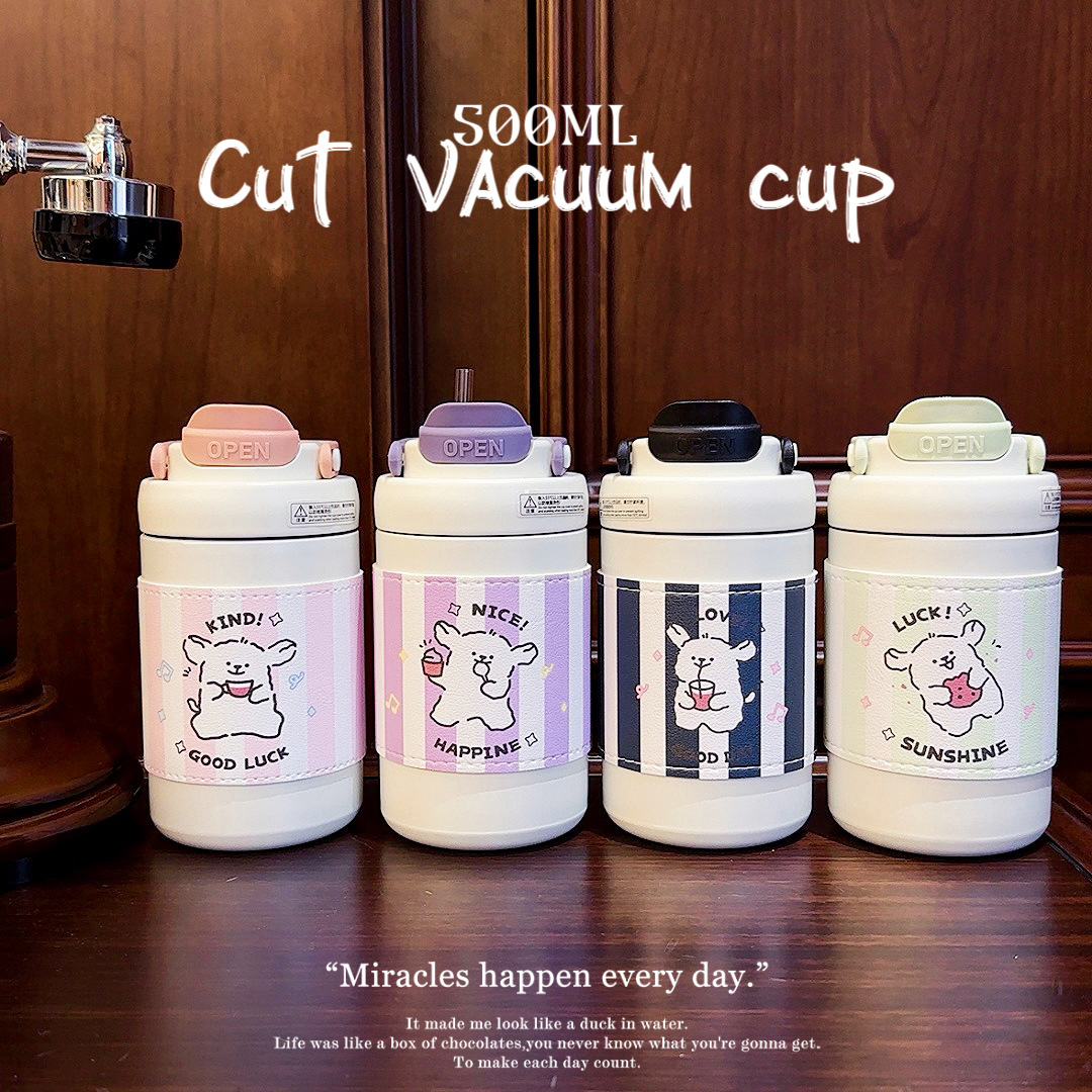 Cute puppy double-drinking insulated cup, portable, high appearance level, straw cup with leather cover, stainless steel tea brewing hand-held water cup details Picture