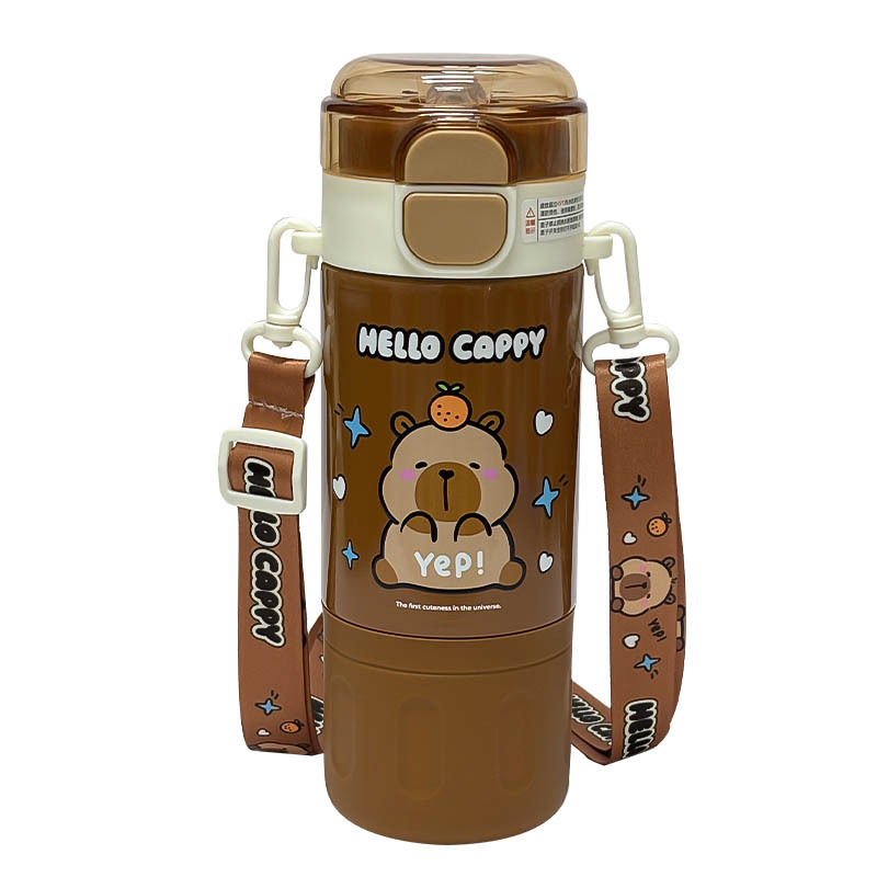 Cute Capibara double-drinking student thermos cup, adjustable cup rope for easy carrying, silicone spout water cup Item Picture