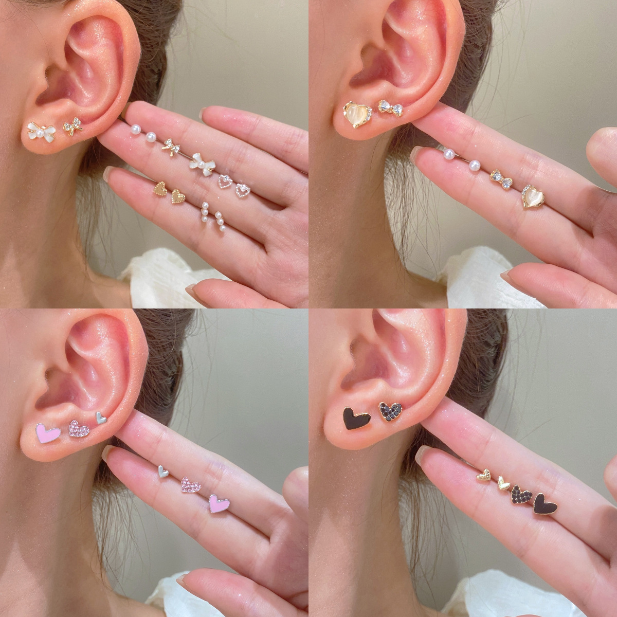 European and American minimalist pearl rhinestone bow heart-shaped stud earrings Sweet and simple, versatile stud set for girls details Picture