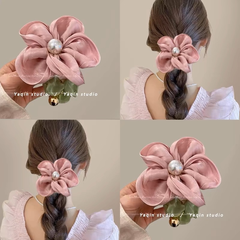 Spring atmosphere ~ Flower pearl hair band! 2025 New high-end large intestine hair band, ethereal and elastic women's hair tie for summer Specification drawing