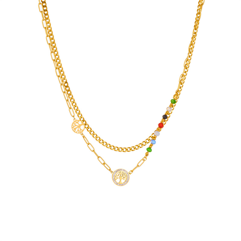 European and American fashion niche design irregular retro colorful beaded life tree pendant accessory titanium steel double-layer necklace Item Picture
