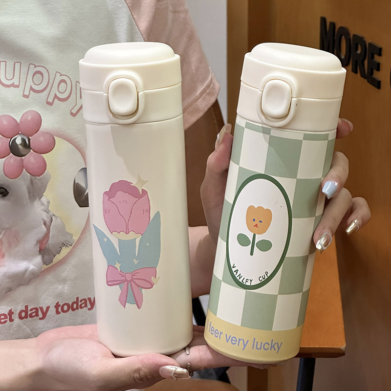 Ins-style cute tulip water cup, fresh and simple Korean style, girlish student insulated cup, portable full figure
