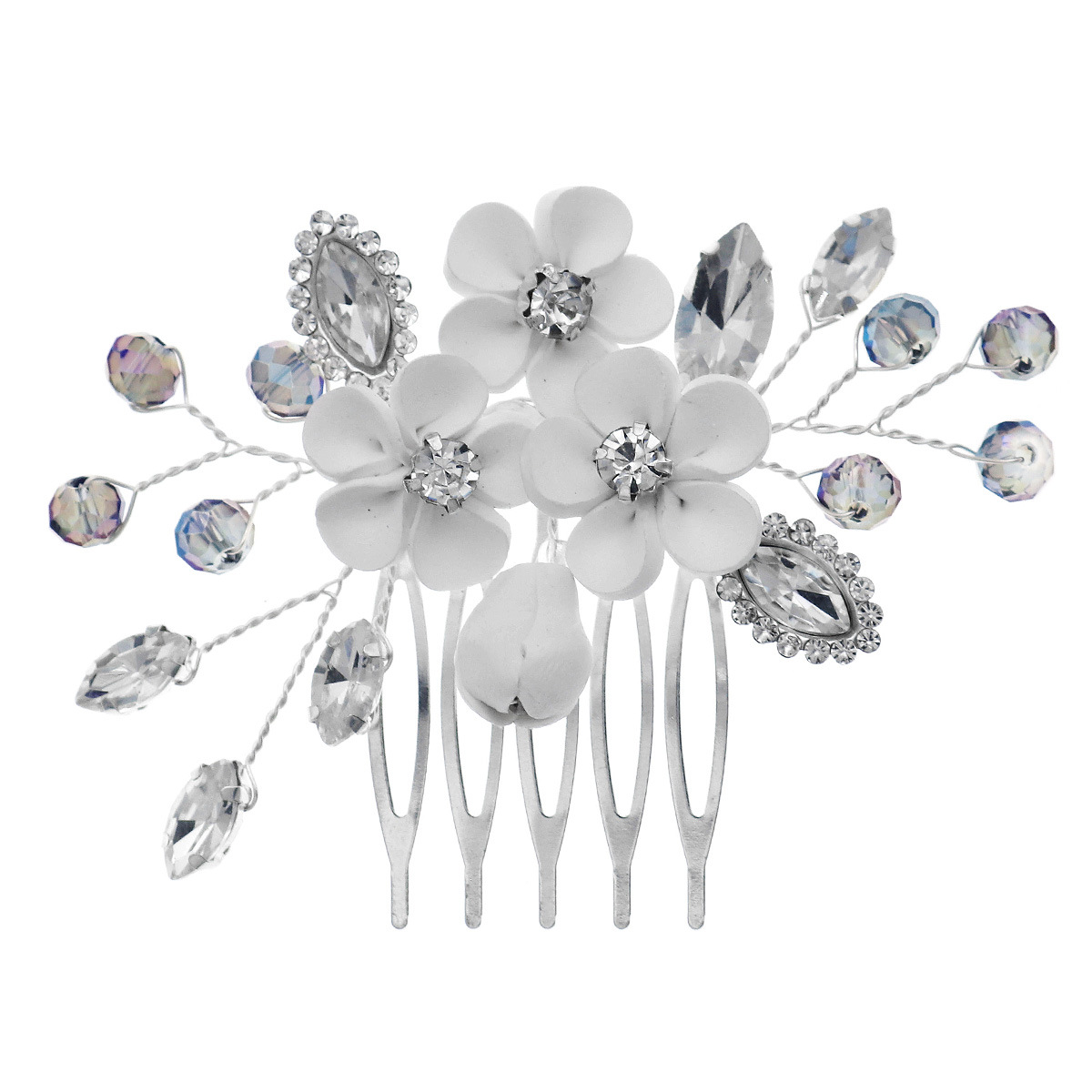 New white soft terracotta bride's comb, a high-end handcrafted crystal five-toothed comb for cross-border Amazon wedding accessories Item Picture