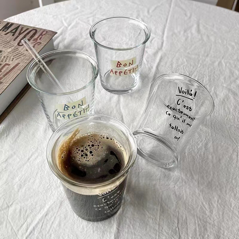 French letter-printed glass cups, iced Americano coffee cups, transparent ins style household women's drinking cups, latte cups Specification drawing