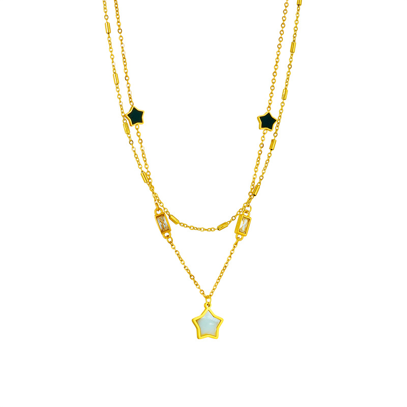 A stylish and simple double-layered design with a unique black and white five-pointed star and diamond-encrusted square jewelry necklace Item Picture