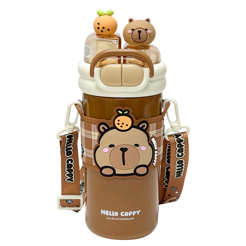 Gao Yan Kapibala cartoon double-drinking thermos cup, adjustable cup, convenient to carry, rope lock design water cup Item Picture