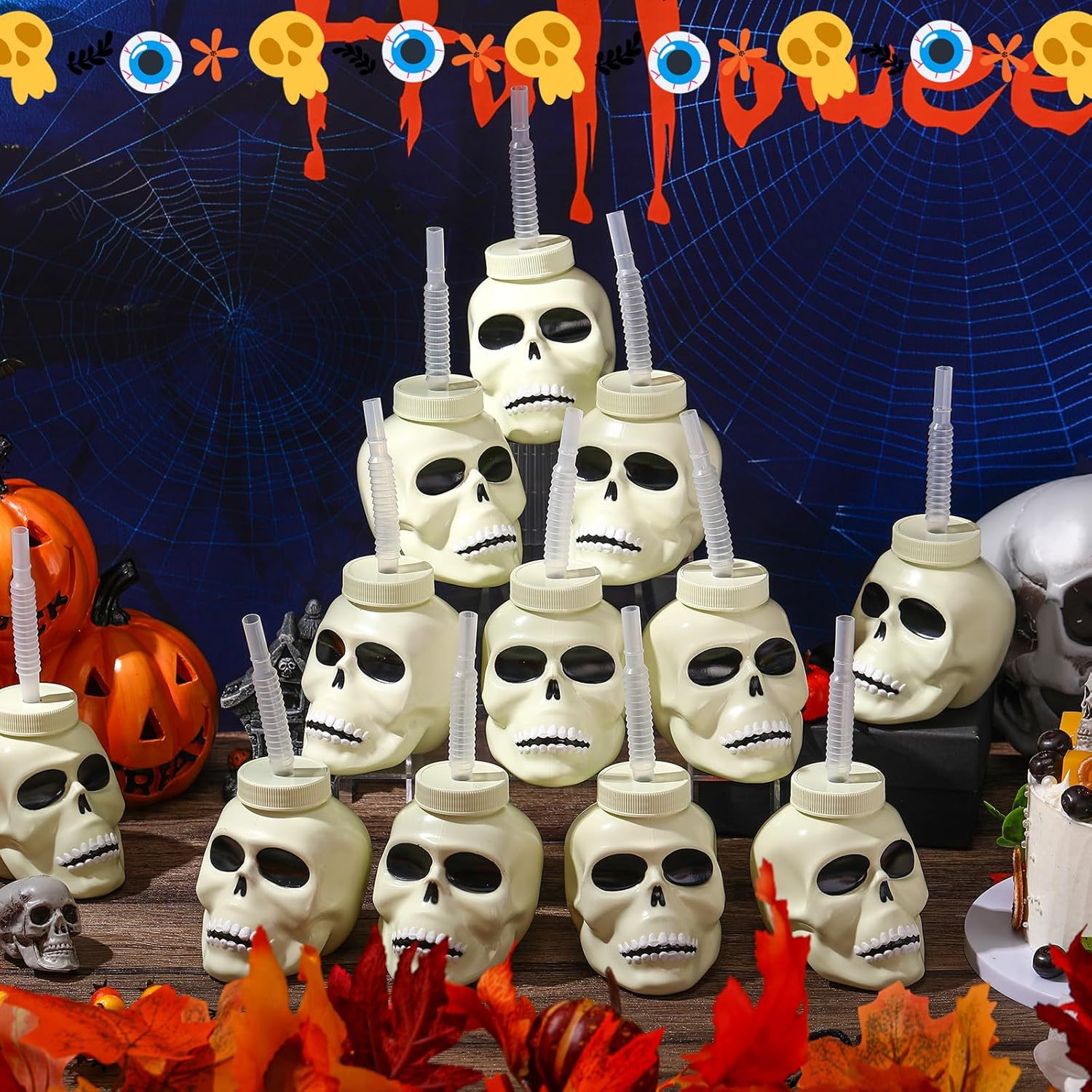 Customized new best-selling Halloween cups from the manufacturer: 15-ounce plastic straw cups with straws and LIDS for wholesale details Picture