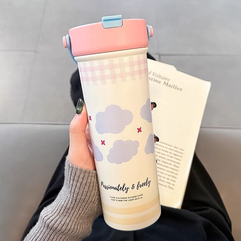 Student simple insulated cup, cute letters, high-end feel, bouncy portable water cup, stainless steel drinking cup for easy access full figure