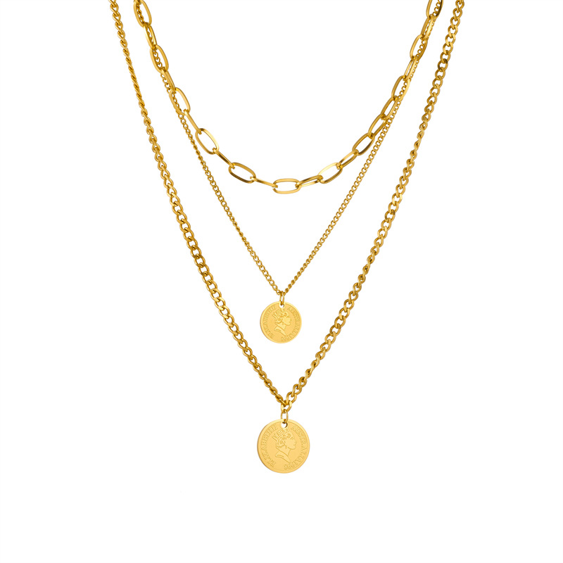 European and American fashion, creative and personalized multi-layer chain metal coin round pendant titanium steel necklace Item Picture