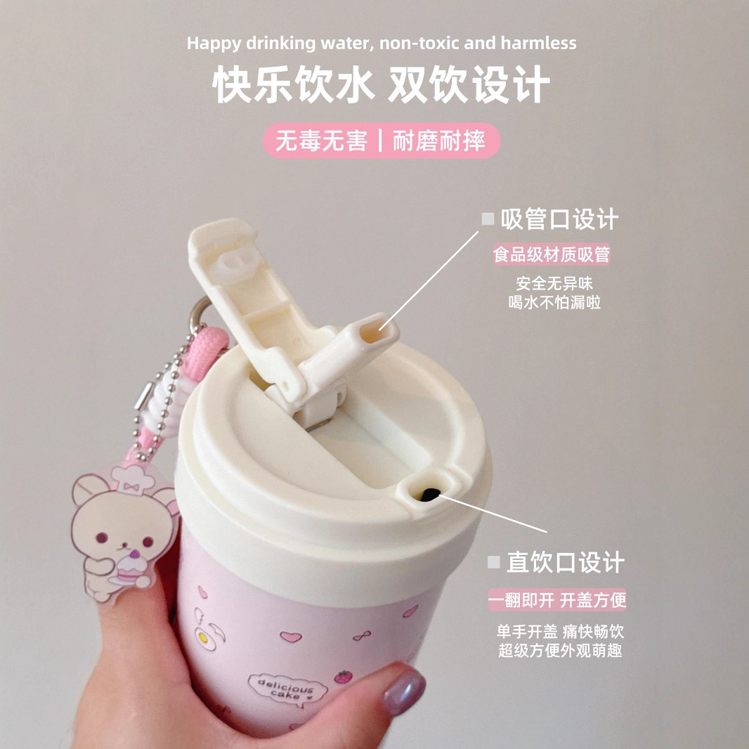 Portable cartoon cute insulated cup, anti-drop water cup, high appearance level water cup for children, hand-held tea tray, double-drinking straw cup details Picture