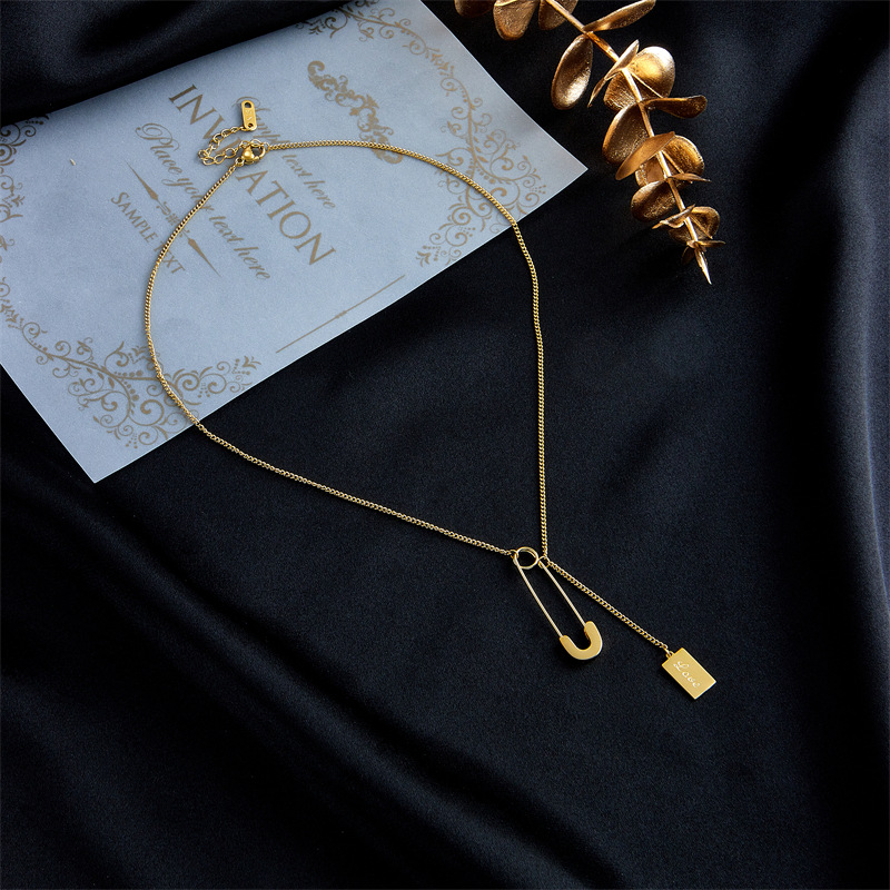 A simple and versatile cold style necklace with a unique and fashionable European and American design, featuring a metal chain, square tag, pin and pendant details Picture