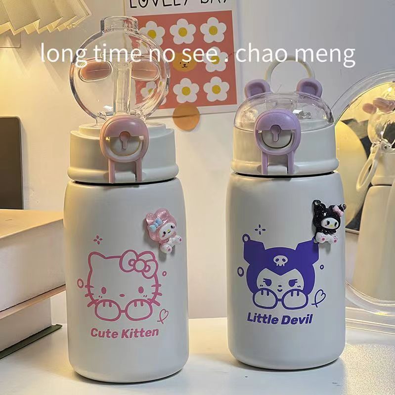High appearance level cartoon little stupid bear insulated cup, portable hand-held water cup for children and students, straw cup, 304 stainless steel Specification drawing