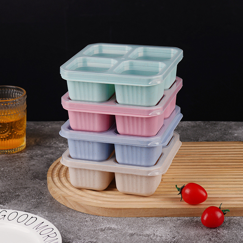 Wholesale of wheat straw four-compartment snack boxes, candies, nuts, refrigerator preservation storage boxes, sealed and separated fruit plates Specification drawing