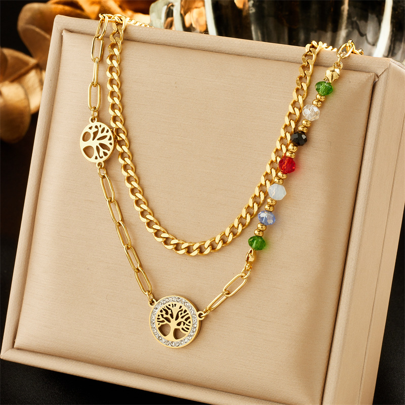 European and American fashion niche design irregular retro colorful beaded life tree pendant accessory titanium steel double-layer necklace full figure