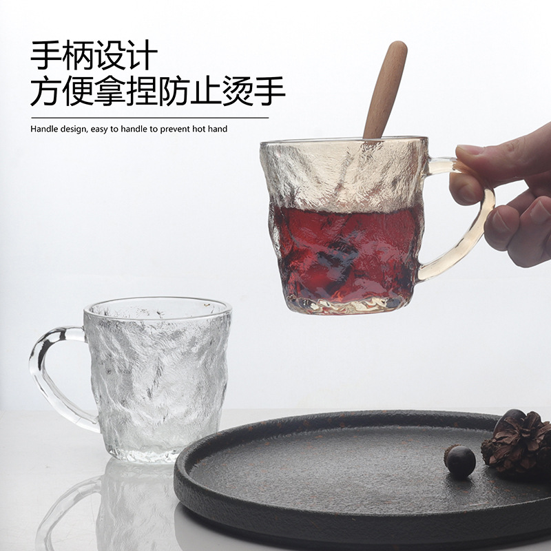 Wholesale of household glacier cups with handles, glass water cups, commercial frosted juice cups, beer mugs, and hammered whisky glasses Specification drawing