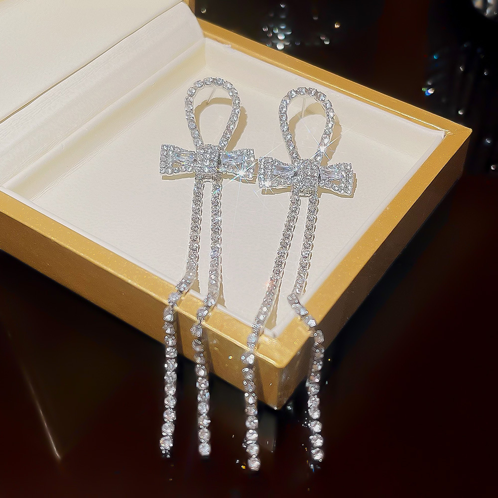 Korean-style light luxury fashion Internet celebrity bow tassel earrings, Korean-style high-end and socialite style long earrings for women Specification drawing