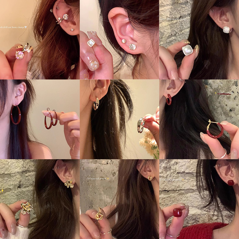 Silver needle ear Piercing, cat's eye stone ear stud six-piece set, no need to remove ear bone stud for sleeping, design sense, niche ear accessory for women full figure