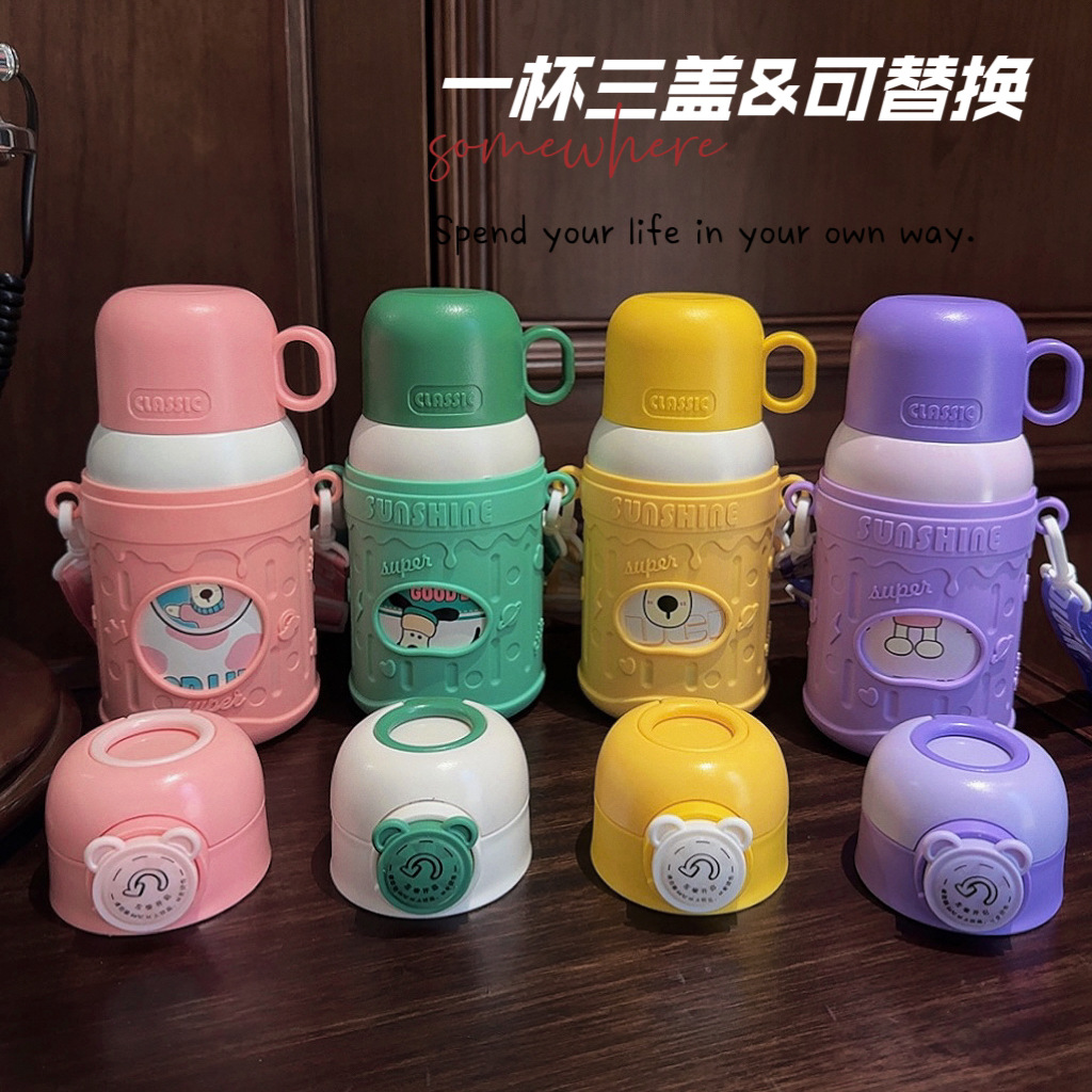 A new three-lid children's insulated cup with high appearance level, cartoon water bottle, anti-drop 316 stainless steel and cute straw cup details Picture