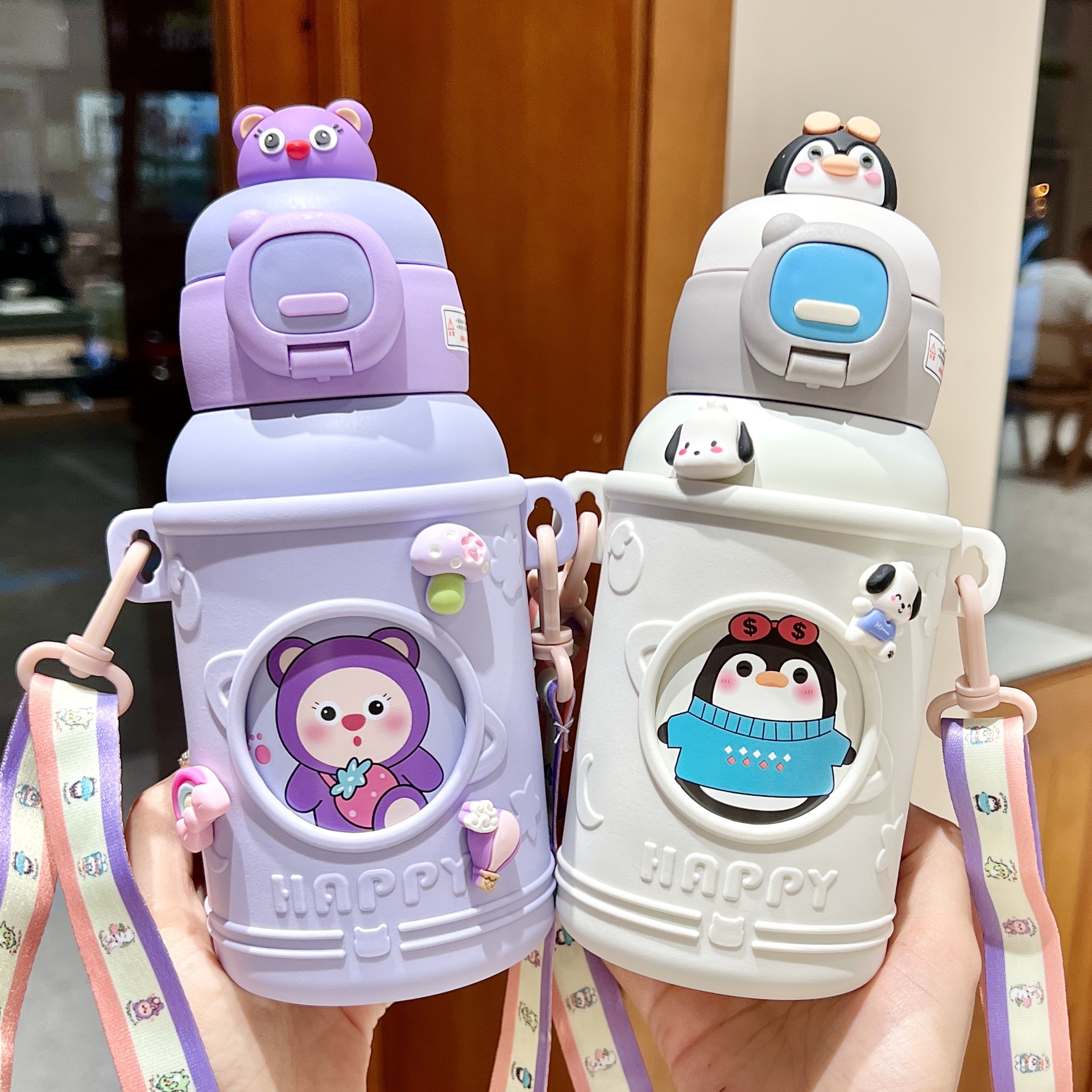 New children's water cup, stainless steel portable slanted straw cup, cute girls, large-capacity insulated cup for kindergartens full figure