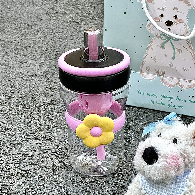 Flower plastic cup, super cute and simple straw water cup, ins high appearance level, girls' flower tea tea water cup, separated water cup full figure