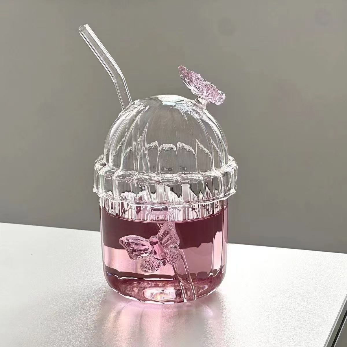 Customized wholesale butterfly straw glass cups, pink milk tea cups, the same style as the popular high borosilicate heat-resistant princess cups details Picture