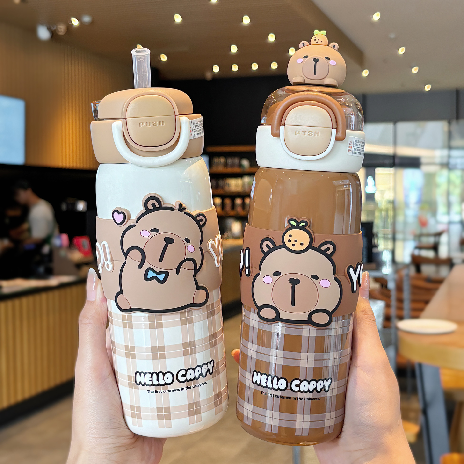 A cute Kapi Barraga-patterned student portable thermos cup with lock design, a double-drinking silicone spout drinking cup details Picture