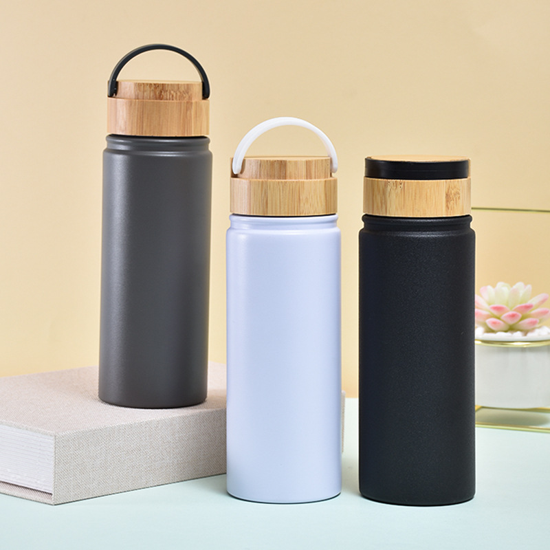 Customized manufacturer's new cross-border solid-color bamboo shell lid double-layer 304 stainless steel vacuum space pot handle insulated cup full figure