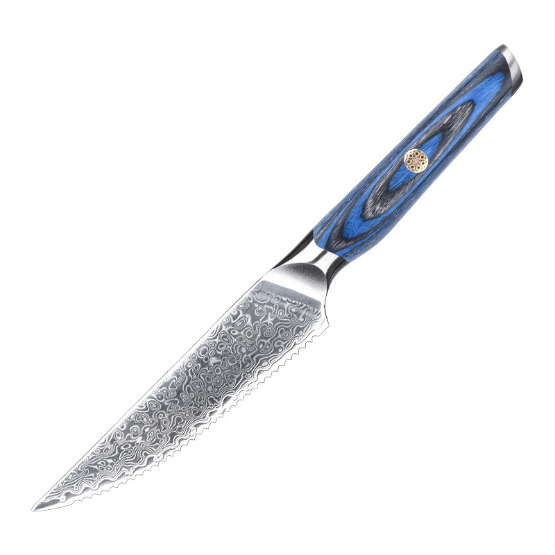 Damascus steel steak knife, blue wooden-handled Western cuisine knife, steak knife, household sharp stainless steel knife set Item Picture