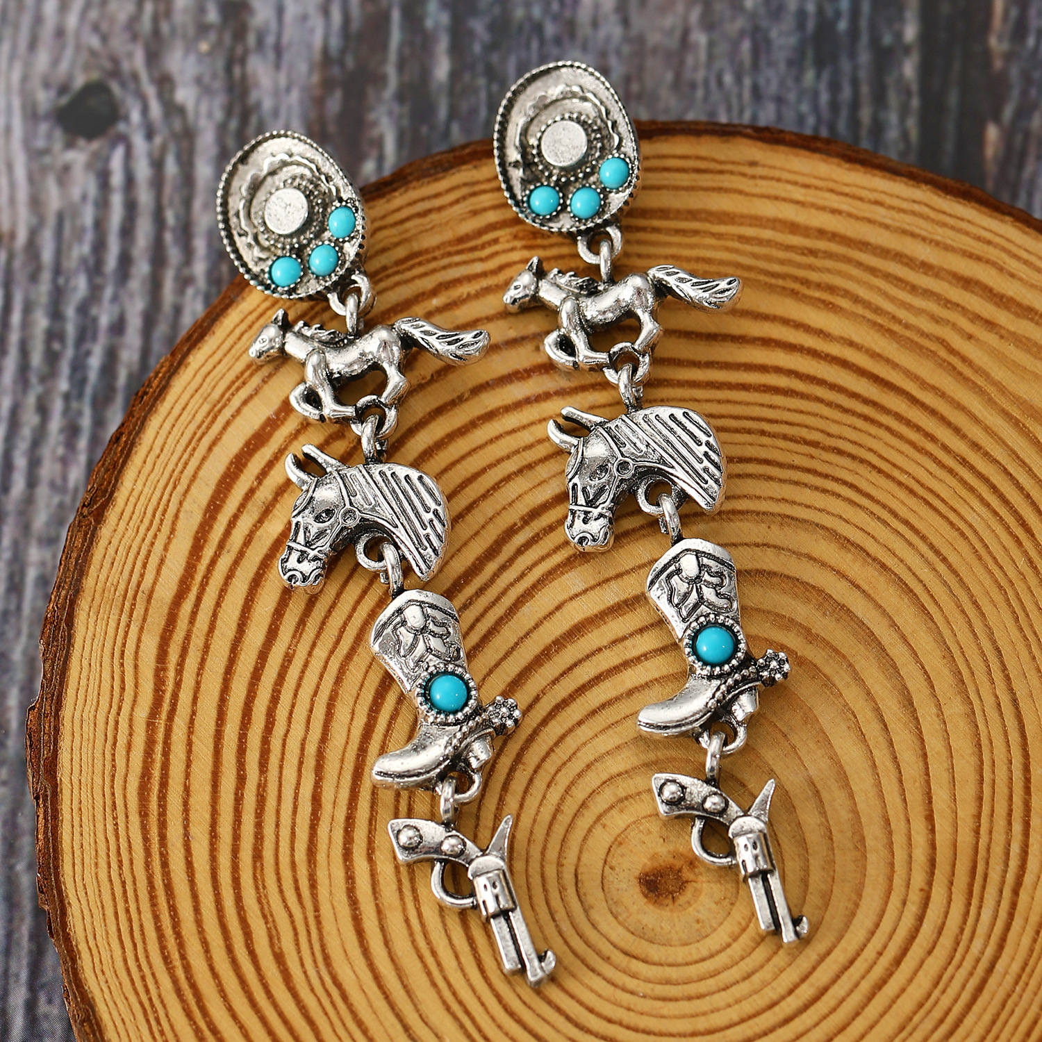 European and American retro ethnic style stud earrings, earrings, cross-border turquoise denim hats, boots, and horse alloy earrings set Application Scenario