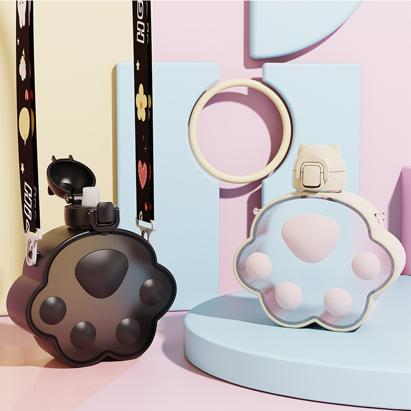Cross-border new products: High appearance level, children's creativity, students' cute cat paw plastic water cup, straw, portable shoulder strap cup, water bottle details Picture