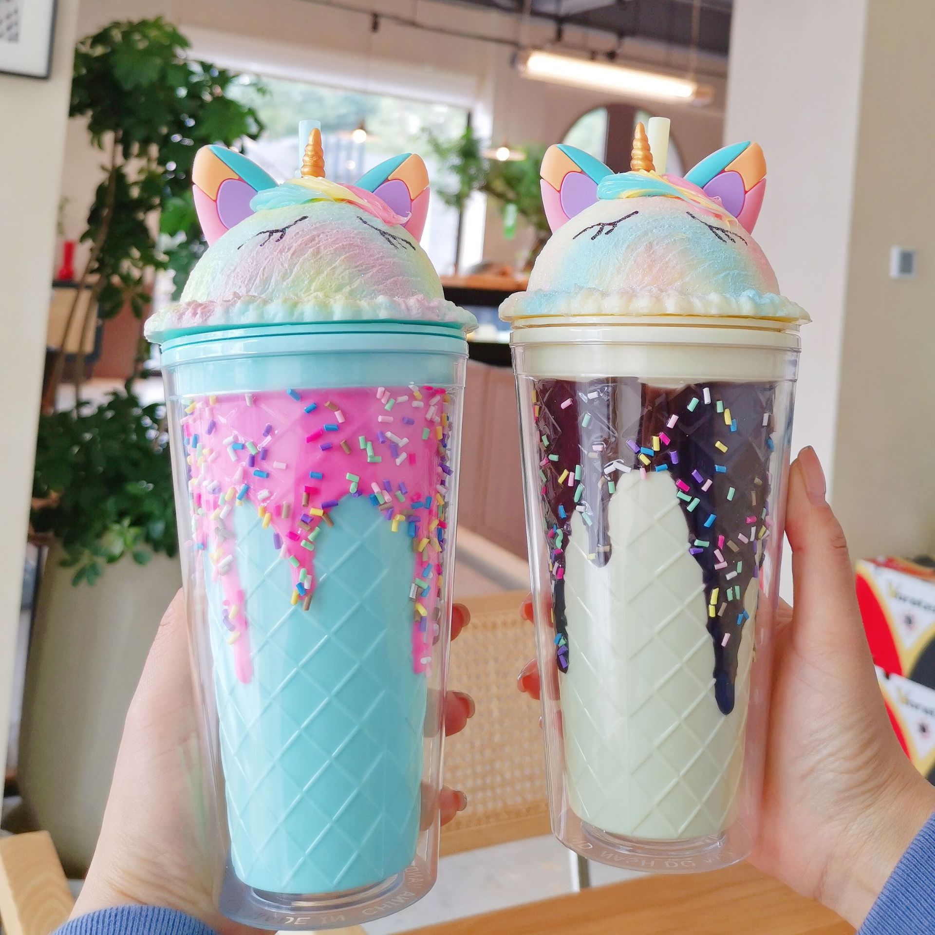 Unicorn Ice Cup Summer Fashion Double-layer plastic straw cup Cute high appearance level Covered water cup cross-border export Specification drawing