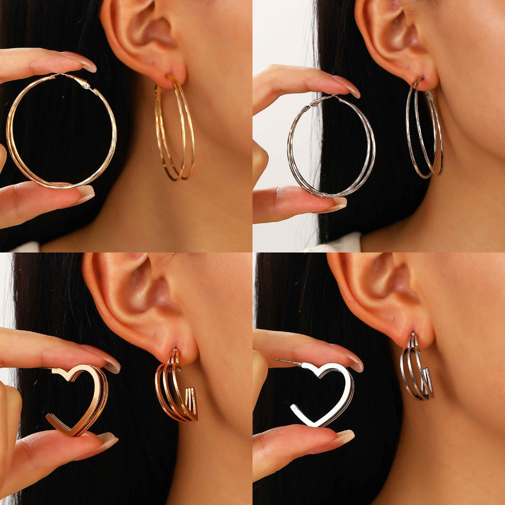 European and American ins style three-line heart-shaped stud earrings, double-layer circle earrings, simple and versatile earrings for women, cross-border party accessories details Picture