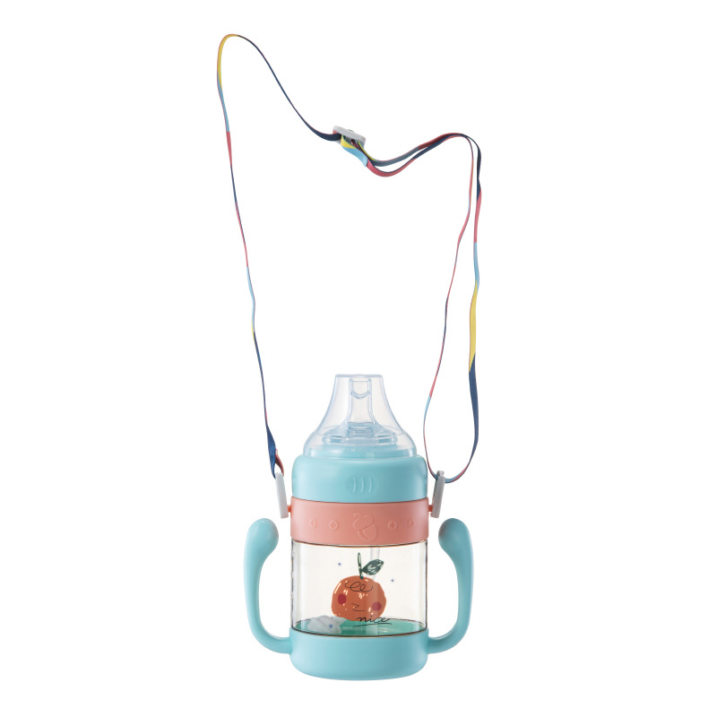 Silver Thousand color box packaging children's water bottle, kindergarten shoulder strap, double handle, dual-purpose straw, graduated milk cup, cartoon drop Item Picture