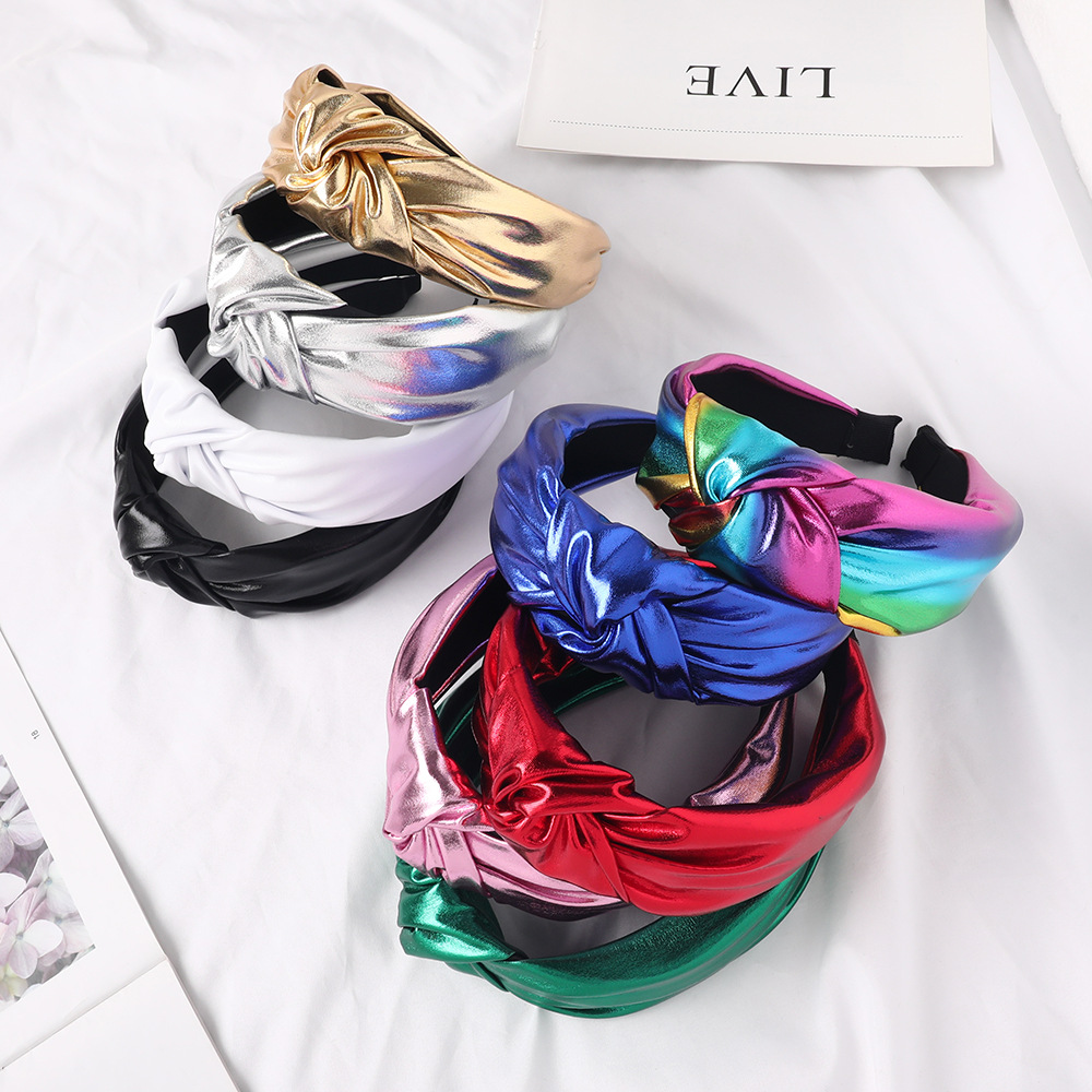 Qiyue's new bright-colored PU fabric middle knot headband, European and American solid color facial hair clip knot headband E2 details Picture