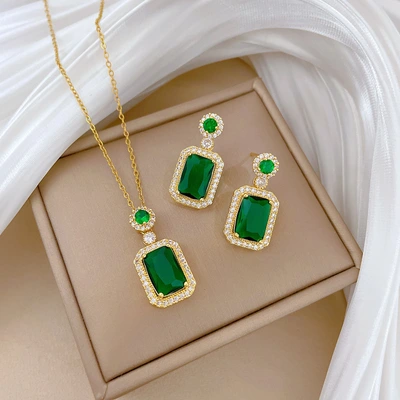 【 Titanium Steel 】 Micro-inlaid necklace and earrings set, light luxury micro-inlaid perfume, personalized and elegant banquet earrings and necklaces combination thumbnail