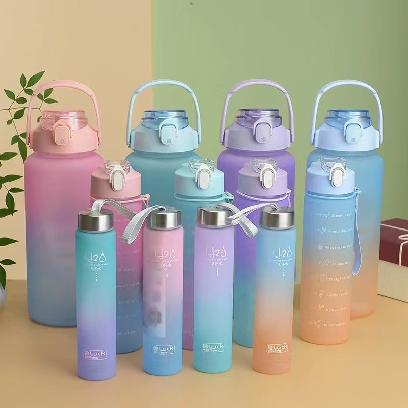 Summer gradient color plastic water cup, frosted cup, portable sports outdoor large-capacity car three-piece set, straw cup full figure