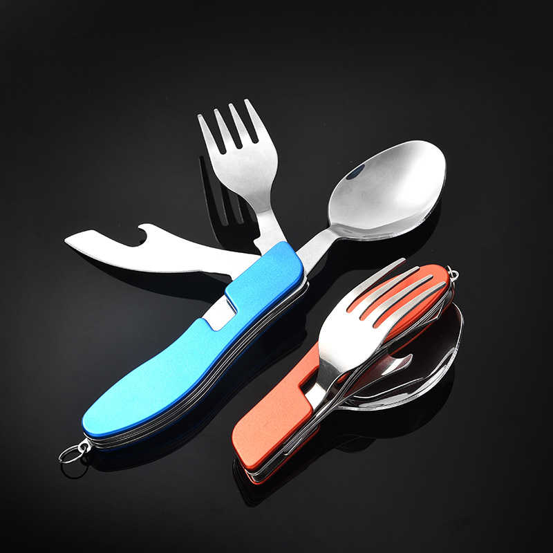Flat camping tableware, folding knife, fork and spoon set, stainless steel tableware, knife, fork, multi-functional knife, disassemblable and assembly meal details Picture