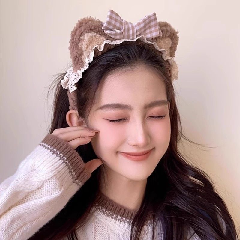 Bow, bear ears, plush hair band, girls' face washing and hair pressing cartoon hair band, children's hair clip, cute hair tie headwear Specification drawing