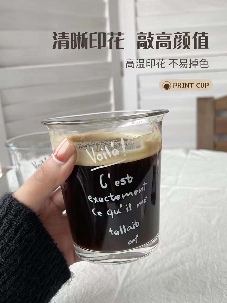 French letter-printed glass cups, iced Americano coffee cups, transparent ins style household women's drinking cups, latte cups Application Scenario