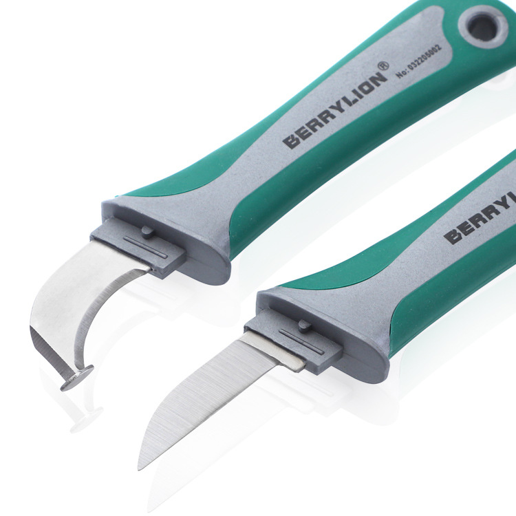 Multi-functional electrician's knife set, straight and curved edge insulated wire stripper, wooden handle wire and cable stripping knife, wire cutting tool Item Picture
