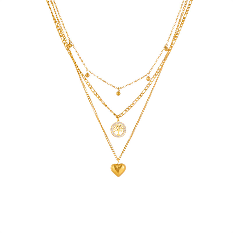 Fashionable, niche, simple and retro titanium steel metal multi-layer chain heart round plate life tree pendant necklace Item Picture