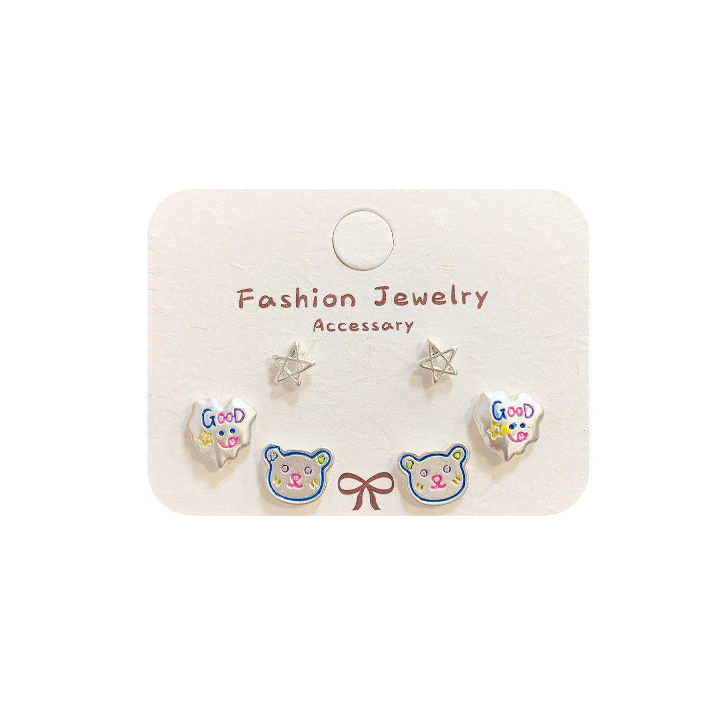 Spring 2025 Colorful hand-painted smiling face flower silver stud earrings, silver needle girl cartoon bear fun student earrings Item Picture