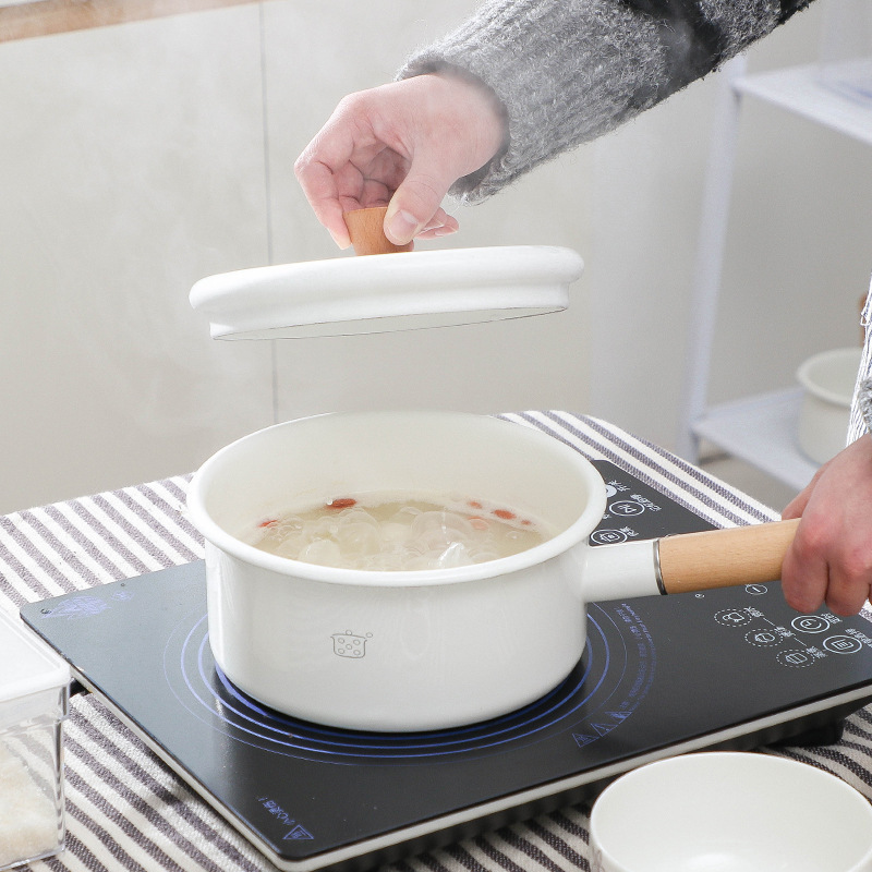 Japanese enamel milk pot, non-stick enamel pot, double-spout wooden handle enamel milk pot, baby food soup pot manufacturer in stock details Picture