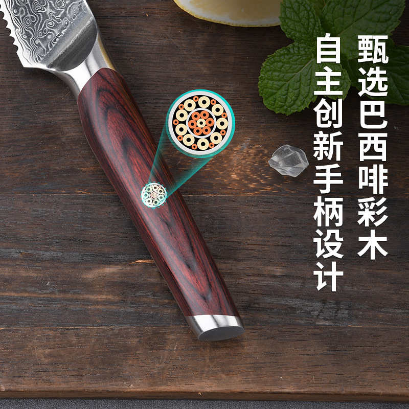 Factory direct sales of Damascus steel steak knives, colored wooden handle steak knives, sharp household and commercial steak knife sets Application Scenario