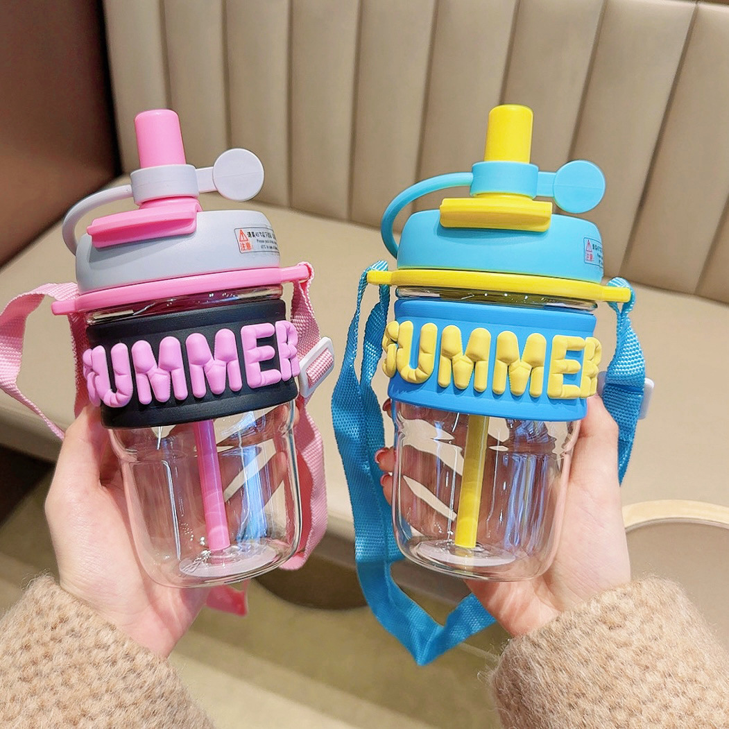 High appearance level, fashionable double drinking cup, trendy student straw plastic cup, portable outdoor slanted cross boys' coffee cup full figure