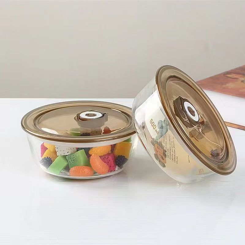 Five-piece set of glass food preservation bowl with lid, lunch box, salad instant noodle bowl, microwave transparent round glass bowl Specification drawing