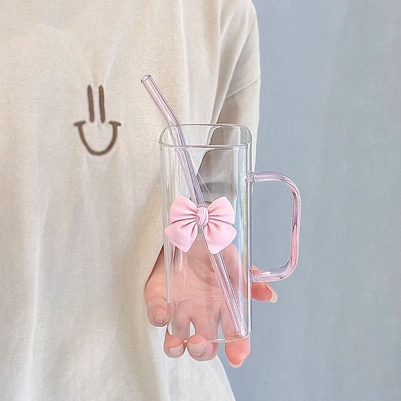 Square glass cup, cartoon household simple ins, high appearance level, straw water cup, women's high-temperature resistant flat bottom, colorful cup Application Scenario
